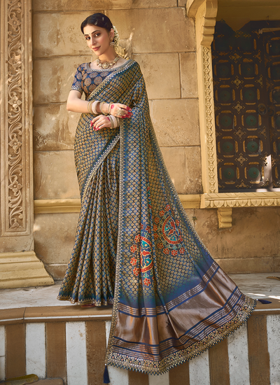 Printed Gota Hand Work Blue Gajji Silk Festival Saree