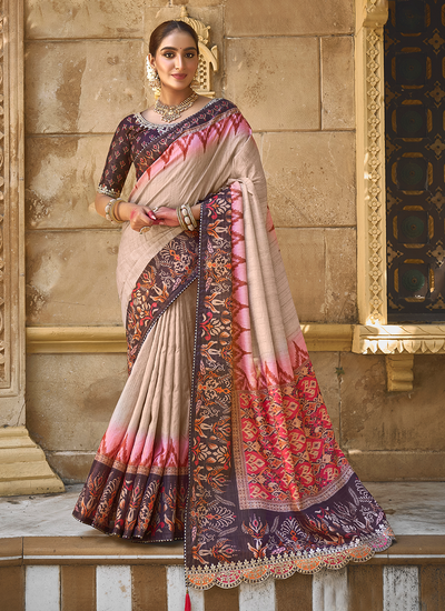 Bhagalpuri Silk Printed Gota Work Beige Festival Saree