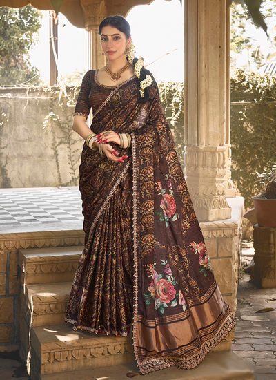 Gajji Silk Brown Printed Gota Work Festival Saree