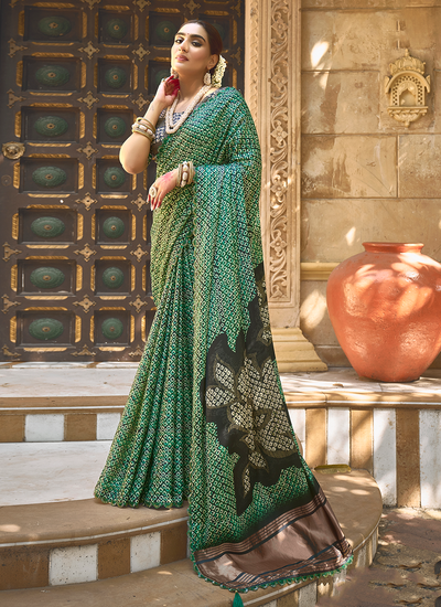 Green Gajji Silk Printed Hand Work Festival Saree