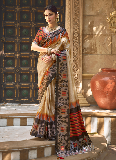 Printed Gota Work Bhagalpuri Silk Festival Saree In Beige