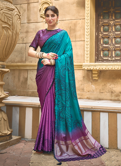 Purple And Blue Printed Hand Work Gajji Silk Festival Saree