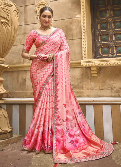 Foil Printed Moti Work Gajji Silk Festival Saree In Pink