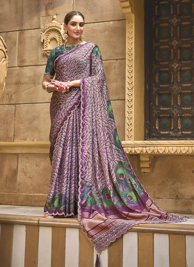 Gajji Silk Purple Printed Diamond Hand Work Festival Saree