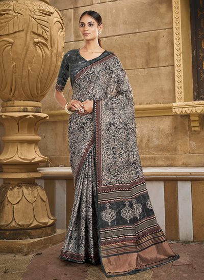 Black And Beige Gajji Silk Paisley Print Festival Saree