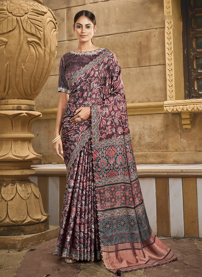 Floral Printed Wine Gajji Silk Festival Saree