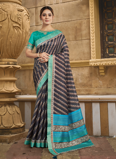 Brown Stripe Printed With Stone And Hand Work Gajji Silk Festival Saree