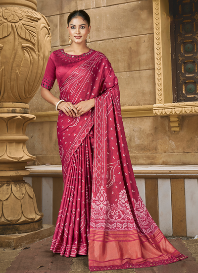 Gajji Silk Bandhani Printed With Mirror Work Rani Festival Saree