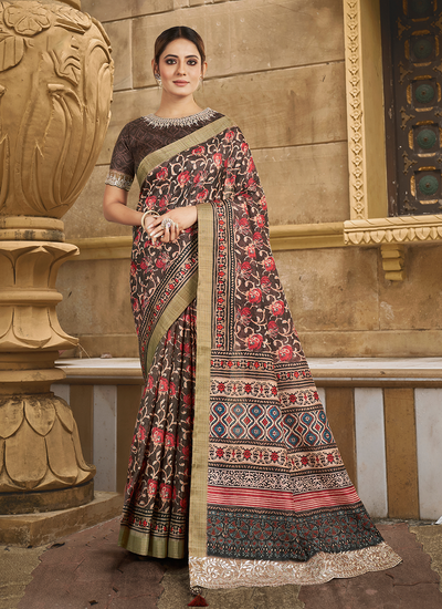 Gajji Silk Floral Printed Hand And Stone Work Border Festival Saree In Brown