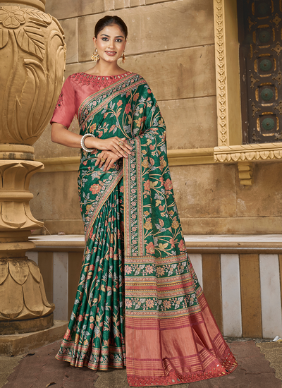 Gajji Silk Green Floral Printed Mirror Work Festival Saree