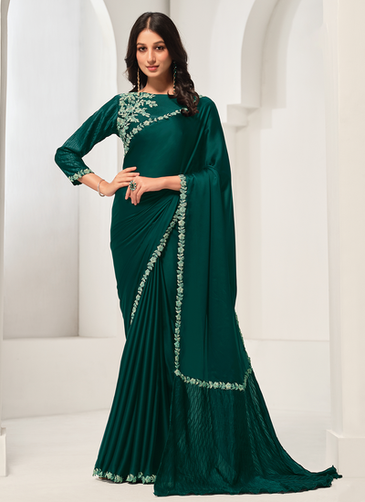 Teal Designer Party Wear Crepe Satin Silk Zardosi Hand Work Saree