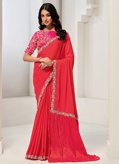 Designer Pink Party Wear Crepe Two Tone Silk Sequins Hand Work Saree