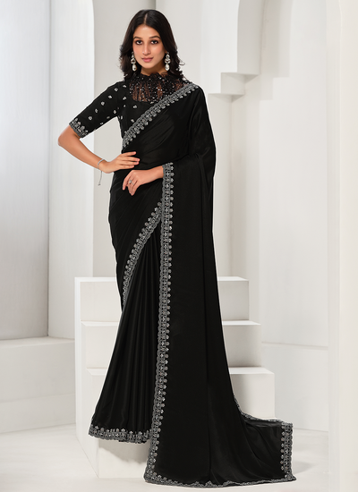 Party Wear Black Crepe Satin Silk Sequins Hand Work Saree