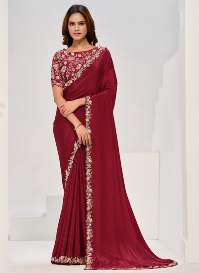 Party Wear Crepe Georgette Sequins Moti Work Maroon Saree