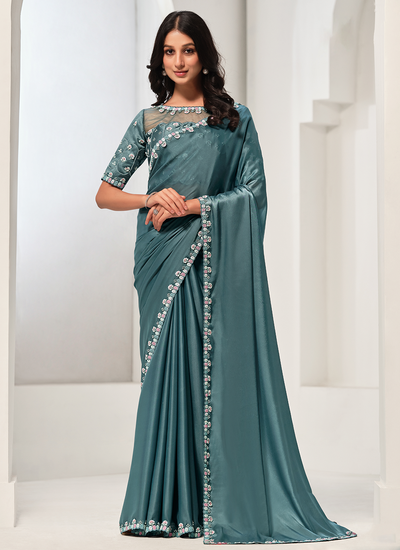 Sequins And Hand Work Crepe Satin Silk Party Wear Dusty Teal Saree