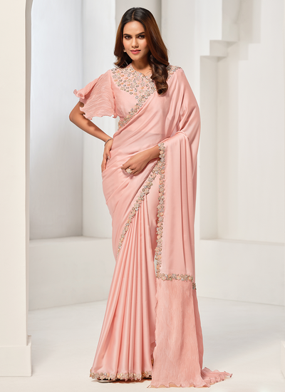 Crepe Satin Silk Sequins And Hand Work Peach Party Wear Saree