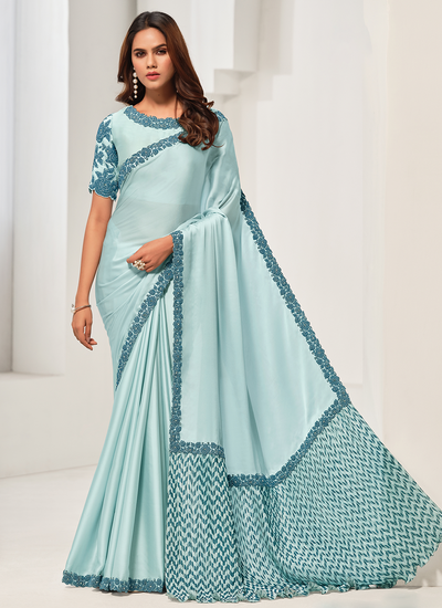 Light Cyan Crepe Satin Silk Sequins And Zardosi Work Party Wear Saree