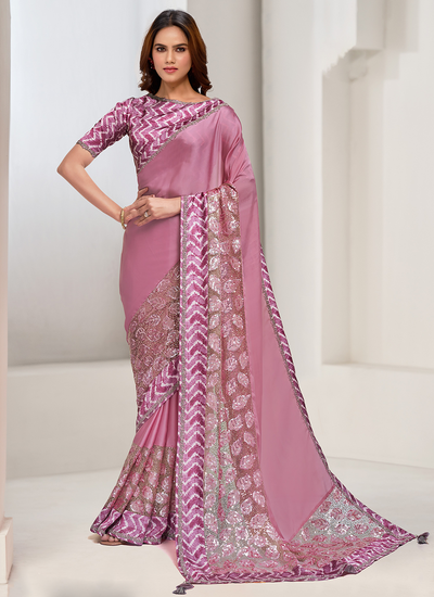 Pink Party Wear Crepe Georgette Sequins And Applique Work Saree