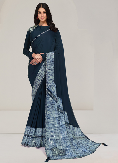 Party Wear Prussian Blue Crepe Sequins And Embroidered Saree