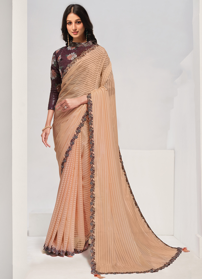 Georgette Party Wear Peach Stone Work And Embroidered Saree