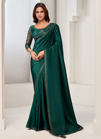 Crepe Green Party Wear Stone Work And Embroidered Saree