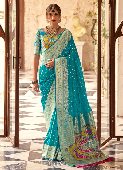 Soft Silk Bridesmaid Sky Blue Bollywood Wedding Wear Zari Weaving Saree