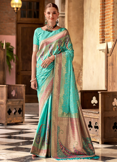 Soft Silk Turquoise Wedding Wear Zari Weaving Bridesmaid Bollywood Saree