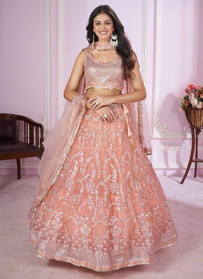 Peach Soft Net Sequins Thread Embroidered Lehenga Choli