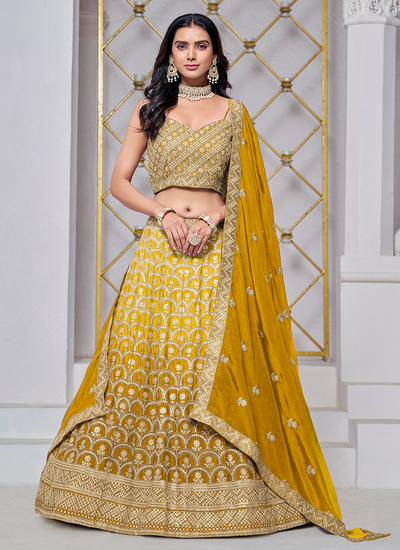 Yellow Ombré Chinon Haldi Wear Sequins Zari Embroidered Lehenga Choli