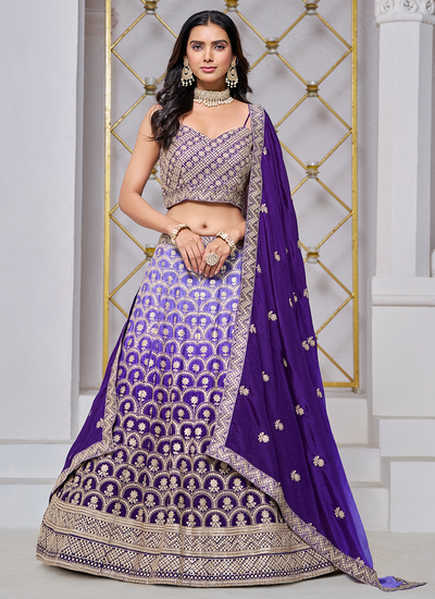 Festive Wear Chinon Purple Ombré Sequins Zari Embroidered Lehenga Choli