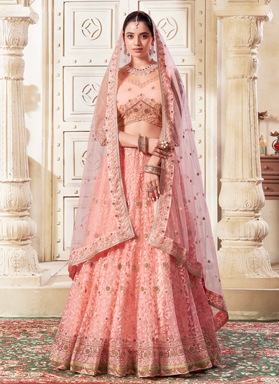 Premium Net Peach Diamond And Embroidered Engagement Lehenga Choli