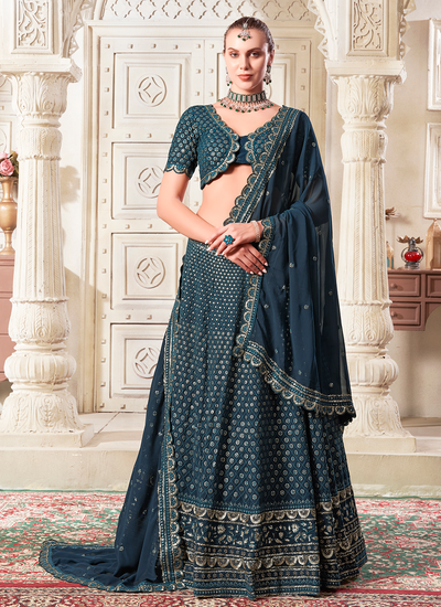 Peacock Blue Georgette Sequins And Embroidered Engagement Lehenga Choli