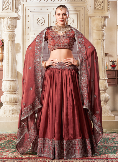 Rust Premium Silk Sequins And Cording Embroidered Engagement Lehenga Choli