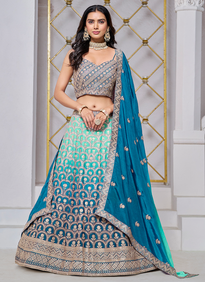 Turquoise Ombré Festive Wear Sequins Zari Embroidered Chinon Lehenga Choli