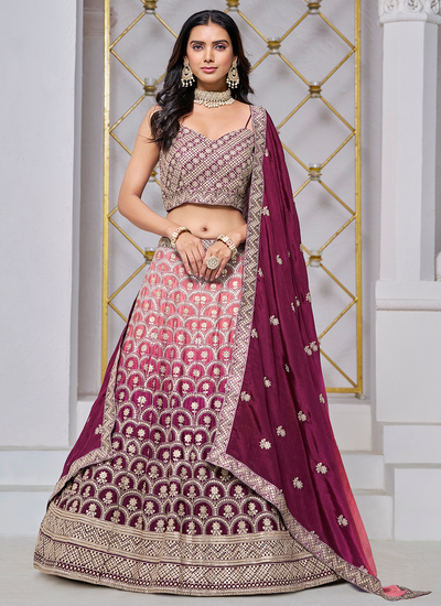 Chinon Sequins Zari Embroidered Wine Ombré Festive Wear Lehenga Choli