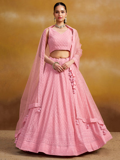 Georgette Sequins Thread Embroidered Light Pink Engagement Wear Lehenga Choli