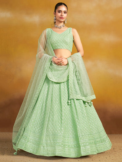 Mint Green Georgette Sequins Thread Embroidered Festive Wear Lehenga Choli