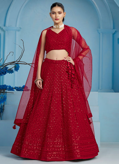 Bridal Red Sequins Thread Embroidered Georgette Engagement Wear Lehenga Choli