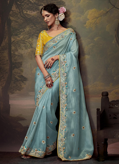 Exclusive Sky Blue Embroidered Fancy Wedding Wear Saree