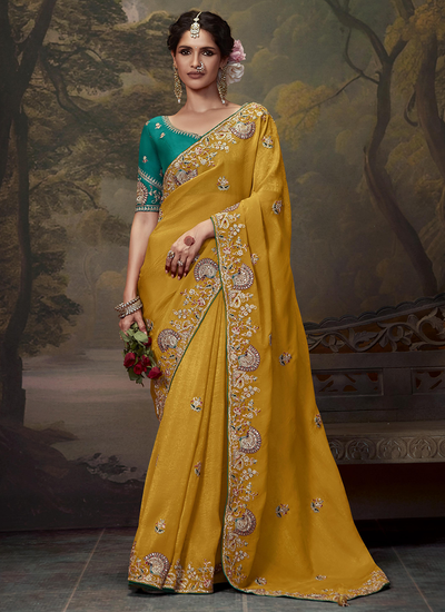 Designer Mustard Sequins And Embroidered Fancy Bridesmaid Saree