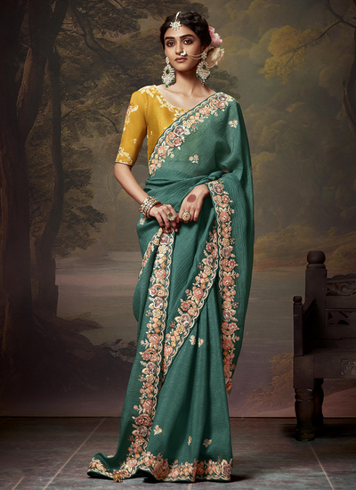 Sequins And Embroidered Jungle Green Fancy Bridesmaid Saree