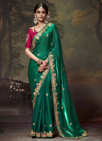 Embroidered And Sequins Green Fancy Bridesmaid Saree