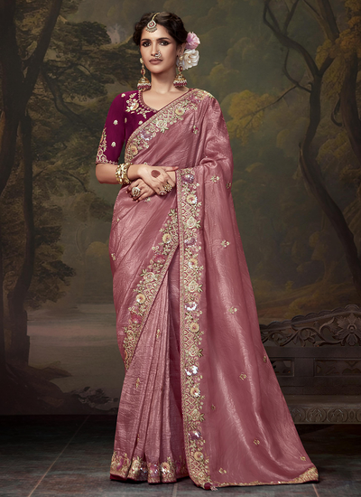 Pink Sequins And Embroidered Fancy Wedding Wear Saree