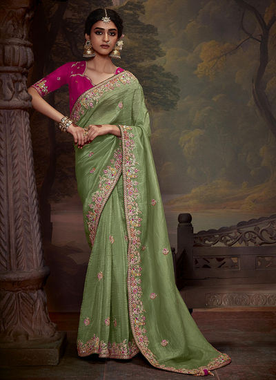 Sequins And Embroidered Fancy Wedding Wear Saree in Pista Green