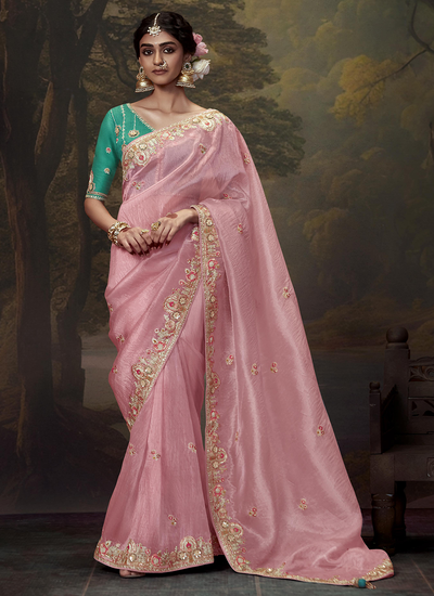 Designer Pink Sequins And Embroidered Fancy Traditional Wear Saree