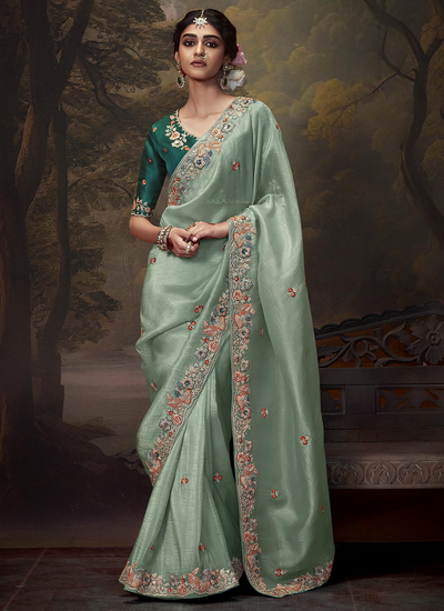 Exclusive Dusty Green Sequins And Embroidered Fancy Traditional Wear Saree