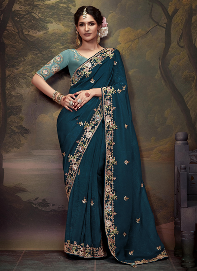 Teal Exclusive Sequins And Embroidered Fancy Festive Wear Saree