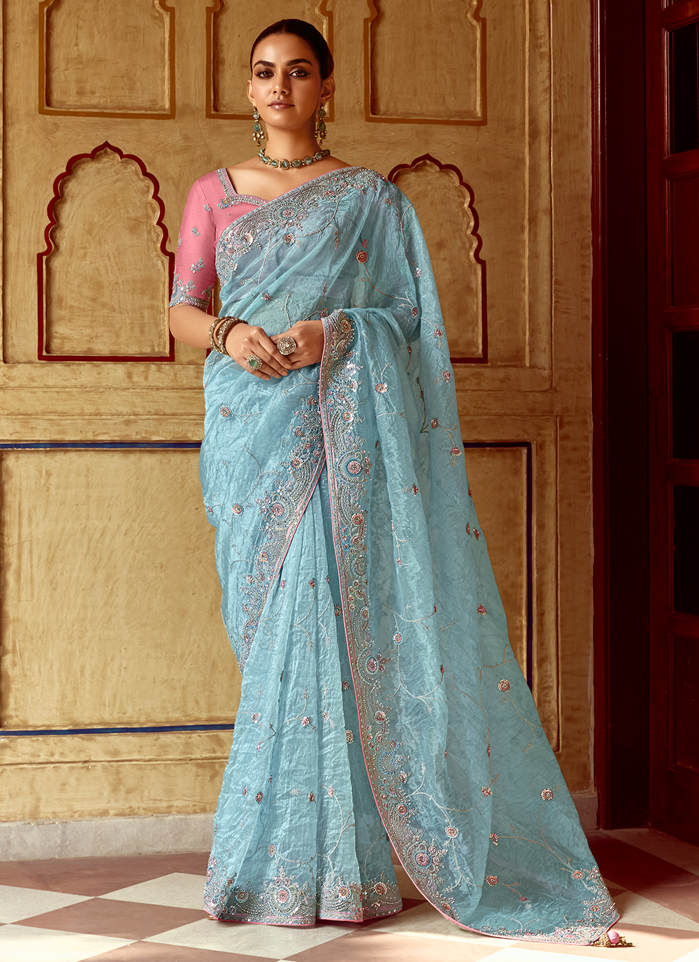 Sky Blue Sequins Embroidered Border Wedding Wear Crush Silk Saree
