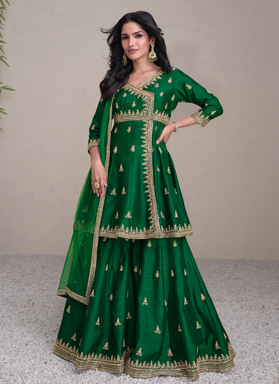 Green Premium Silk Sequins Embroidered Readymade Palazzo Suit