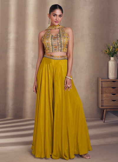 Designer Embroidered Mustard Chinon Silk Indo Western Palazzo Set